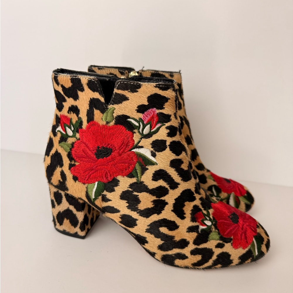 Kate Spade Langton Leopard Real Fur Calf‎ Hair Floral Embroidered Ankle Boots 6 - Picture 4 of 12